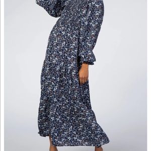 Navy Blue Floral Square Neck Smocked Maternity Maxi Dress